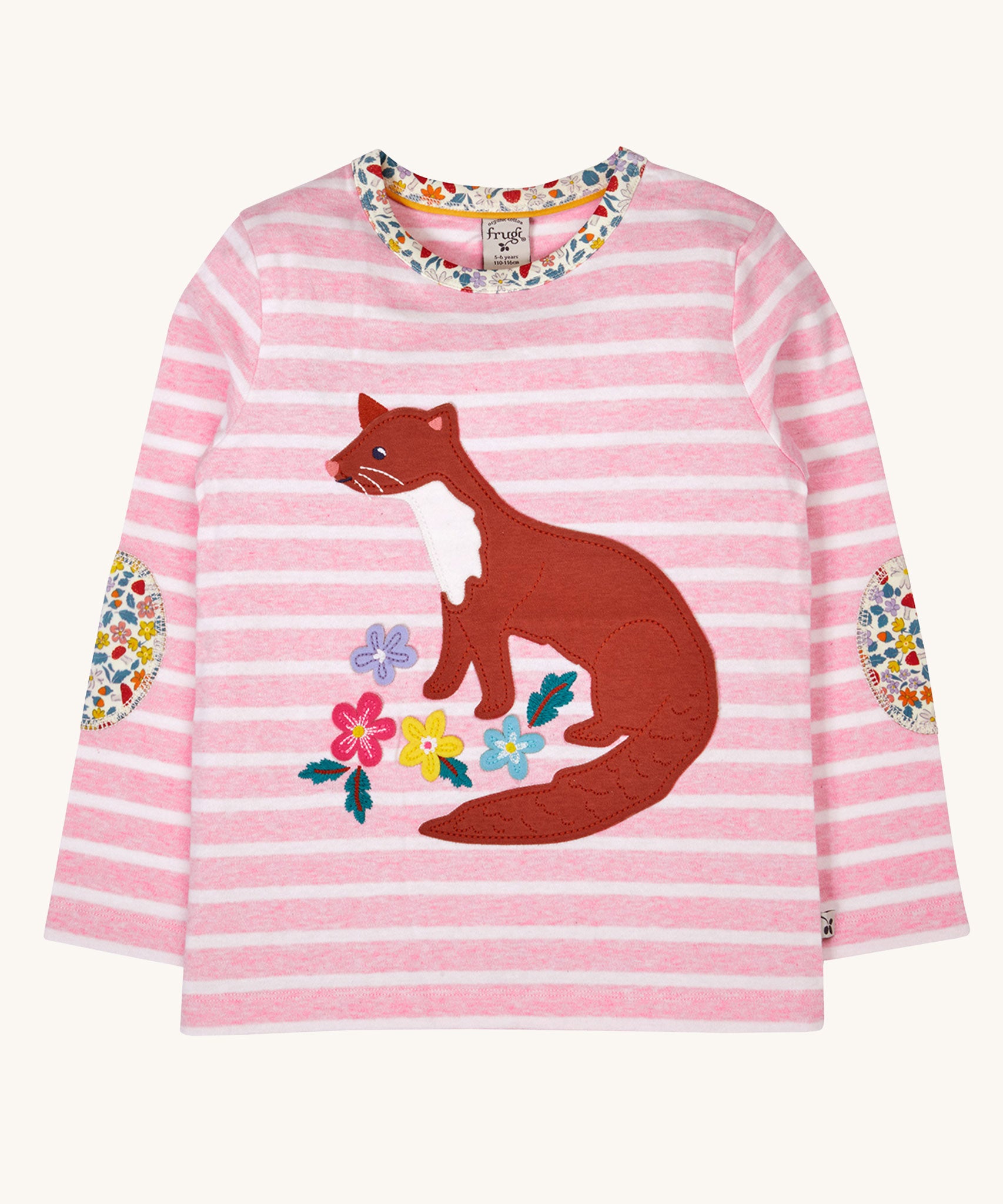 Frugi organic cotton archer pine marten applique top pink stripe.