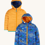 Frugi Children's Reversible Toasty Trail Jacket - Safari Camo, showing the yellow and safari patterns and print