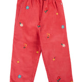 Frugi children's tabitha rose pink organic cotton corduroy trousers with flower embroidery details. 