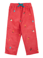 Frugi children's tabitha rose pink organic cotton corduroy trousers with flower embroidery details. 