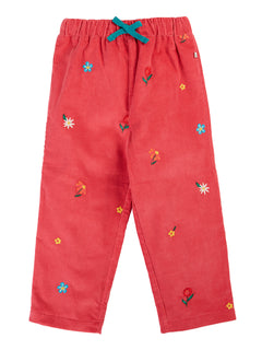Frugi children's tabitha rose pink organic cotton corduroy trousers with flower embroidery details. 