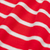 A close up of the material on the Frugi Discovery Organic Cotton Circular Kids' Top with a red and white Breton Stripe.