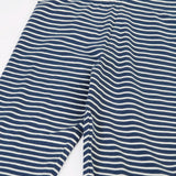 Close up of the Frugi childs organic cotton navy breton stripe leona leggings.