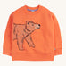 A Frugi organic cotton Superb Stitched bear sweatshirt. The embroidered bear design is on a salamander orange coloured background. 