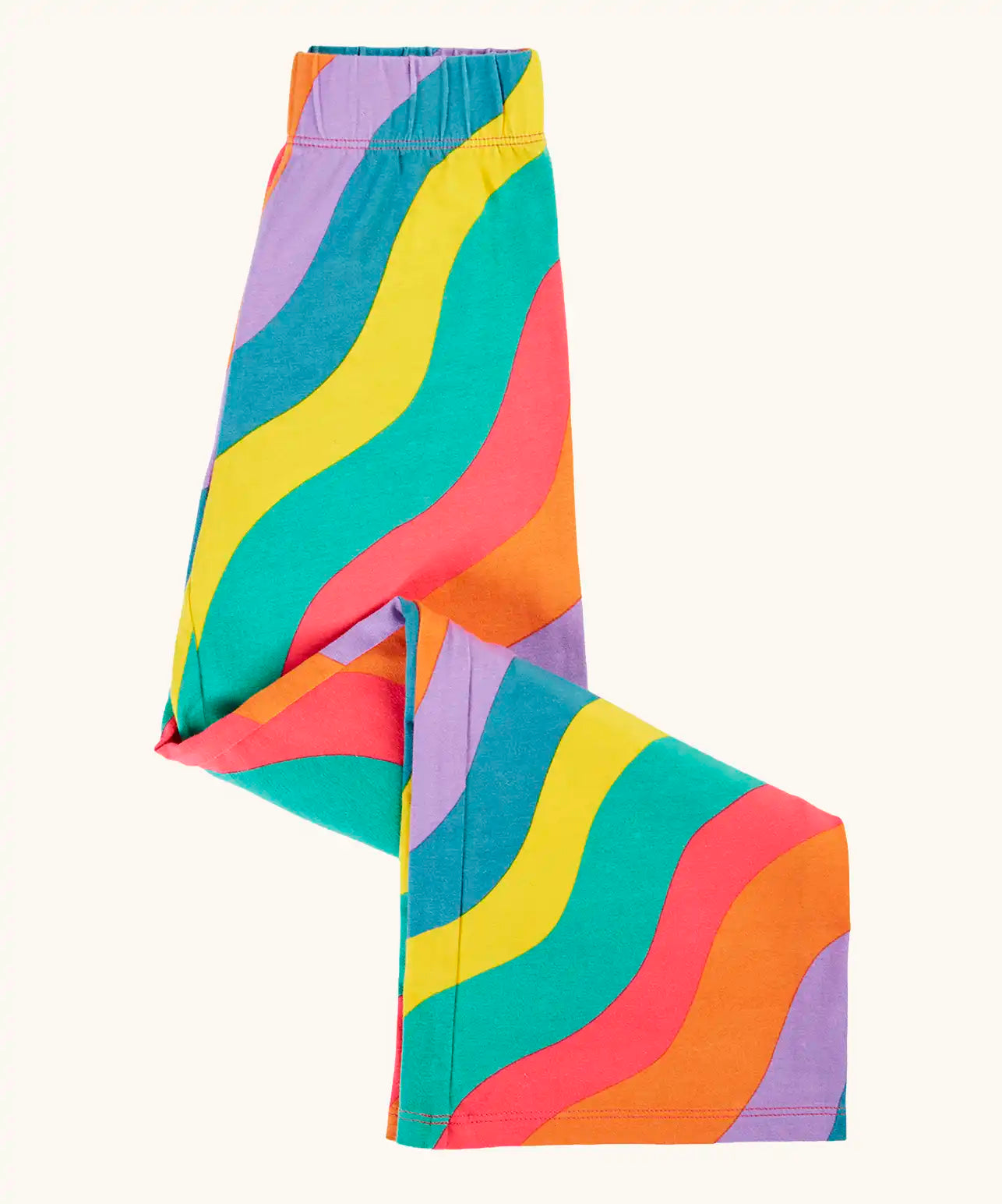 Frugi organic cotton wide leg rainbow ric rac pattern children's trousers shown folded. 