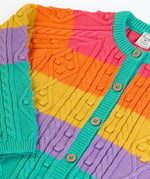 Front of the Frugi clay cable knit cardigan rainbow stripe organic cotton with button closure front.