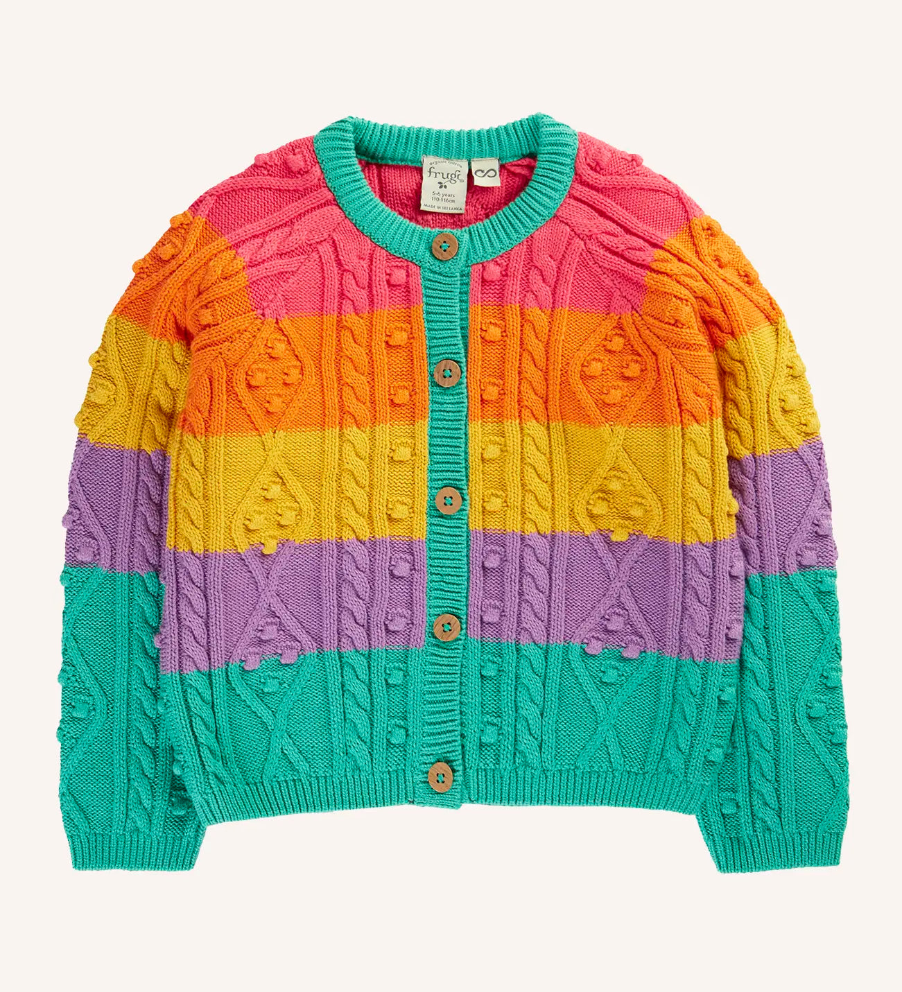 Frugi clay cable knit cardigan rainbow stripe organic cotton with button closure front.