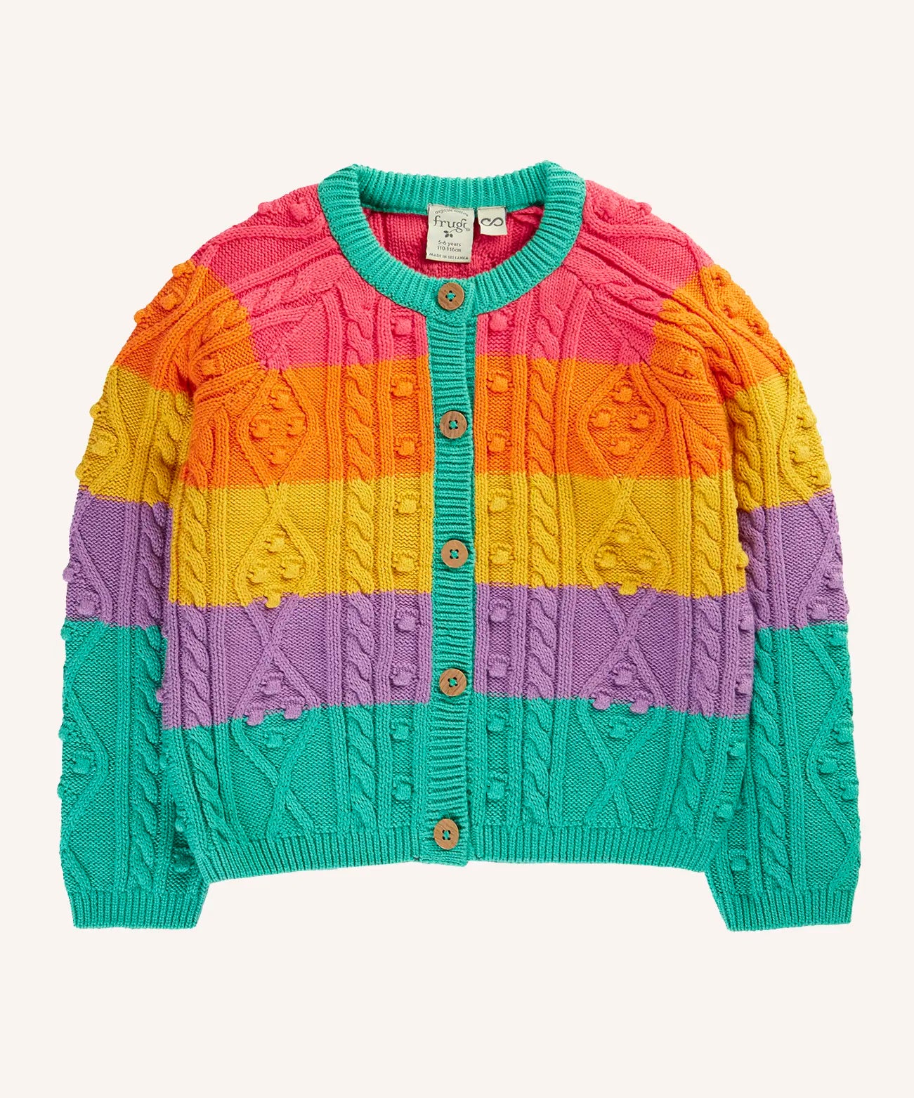 Frugi clay cable knit cardigan rainbow stripe organic cotton with button closure front.