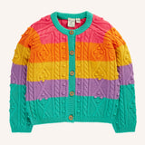 Frugi clay cable knit cardigan rainbow stripe organic cotton with button closure front.
