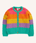 Frugi clay cable knit cardigan rainbow stripe organic cotton with button closure front.