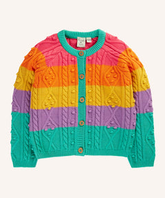 Frugi clay cable knit cardigan rainbow stripe organic cotton with button closure front.