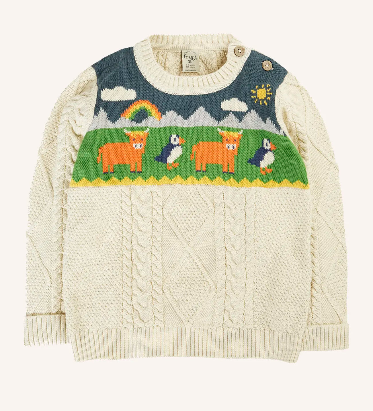 Frugi clyde cable knit organic cotton jumper natural highlands cow and puffin design.