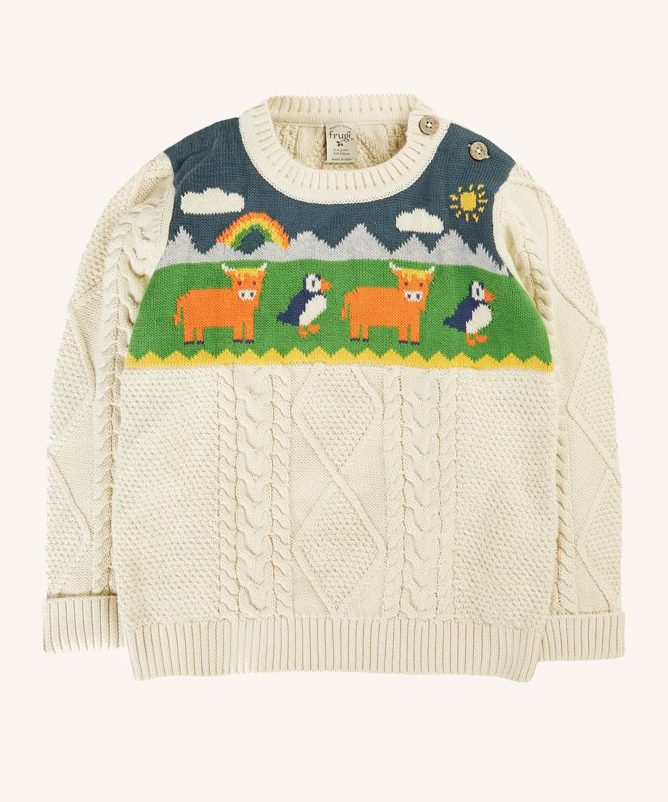 Frugi clyde cable knit organic cotton jumper natural highlands cow and puffin design.