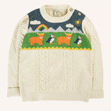 Frugi clyde cable knit organic cotton jumper natural highlands cow and puffin design.