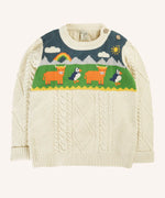 Frugi clyde cable knit organic cotton jumper natural highlands cow and puffin design.