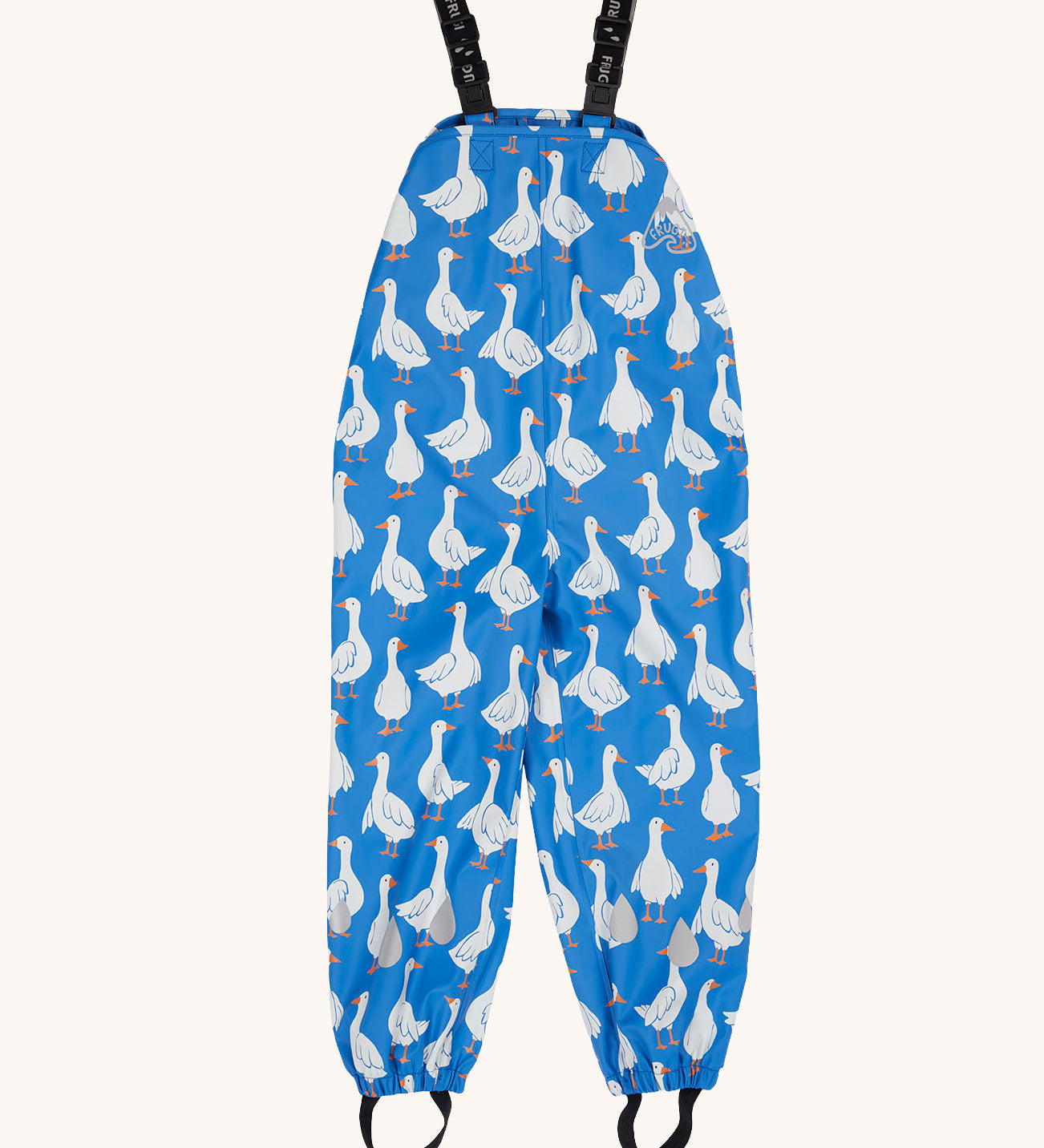 Frugi waterproof cobalt blue goose print puddle buster trousers with elasticated straps and stirrups. 