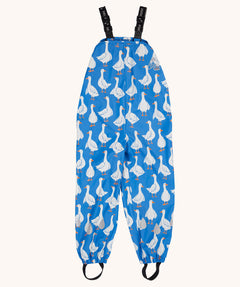Frugi waterproof cobalt blue goose print puddle buster trousers with elasticated straps and stirrups. 