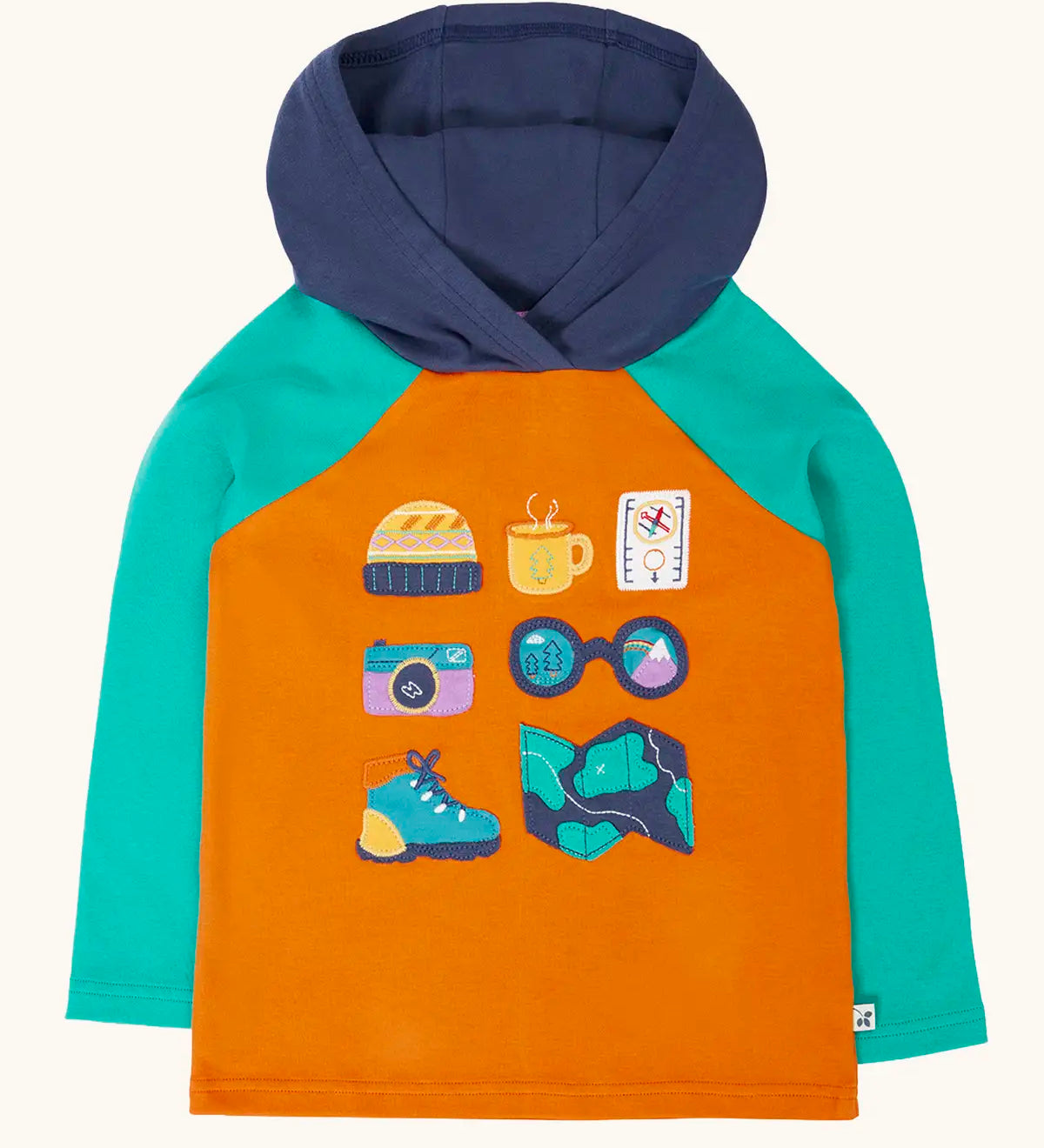 Frugi compass hooded top in orange with turquoise arms, navy hood and adventure themed appliques. 