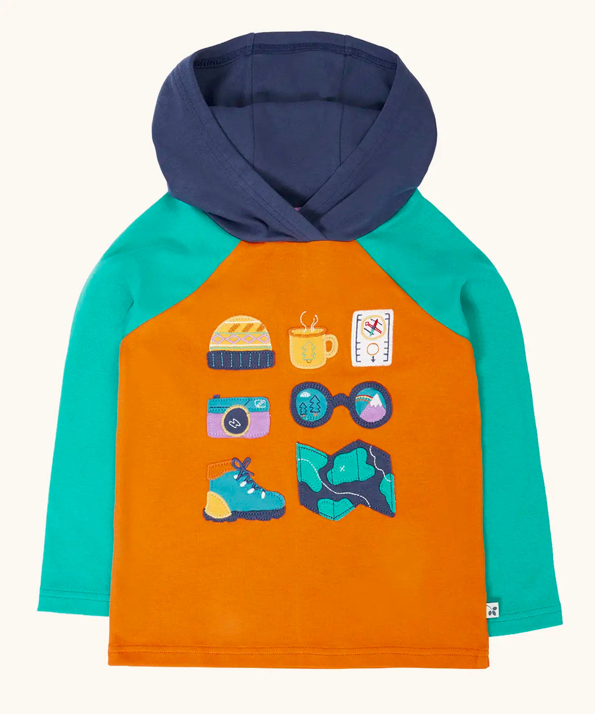 Frugi compass hooded top in orange with turquoise arms, navy hood and adventure themed appliques. 