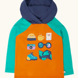 Frugi compass hooded top in orange with turquoise arms, navy hood and adventure themed appliques. 