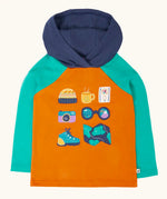 Frugi compass hooded top in orange with turquoise arms, navy hood and adventure themed appliques. 