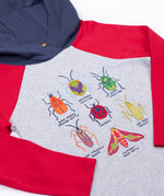A close up of the bug design on the front of the Frugi compass hooded long sleeve bug design hoodie top.