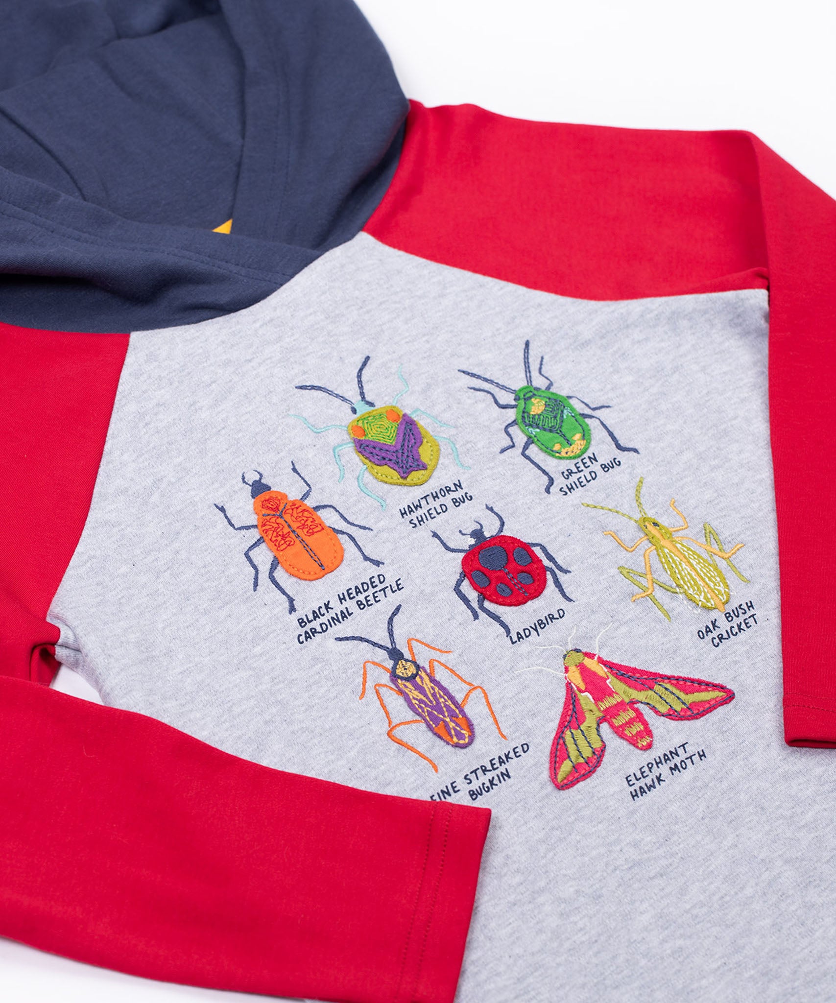 A close up of the bug design on the front of the Frugi compass hooded long sleeve bug design hoodie top.
