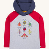 Frugi compass hooded long sleeve bug design hoodie top in a grey marl colour with red sleeves and navy coloured hood. 