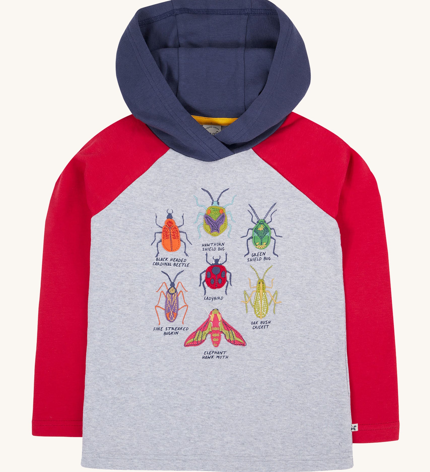 Frugi compass hooded long sleeve bug design hoodie top in a grey marl colour with red sleeves and navy coloured hood. 