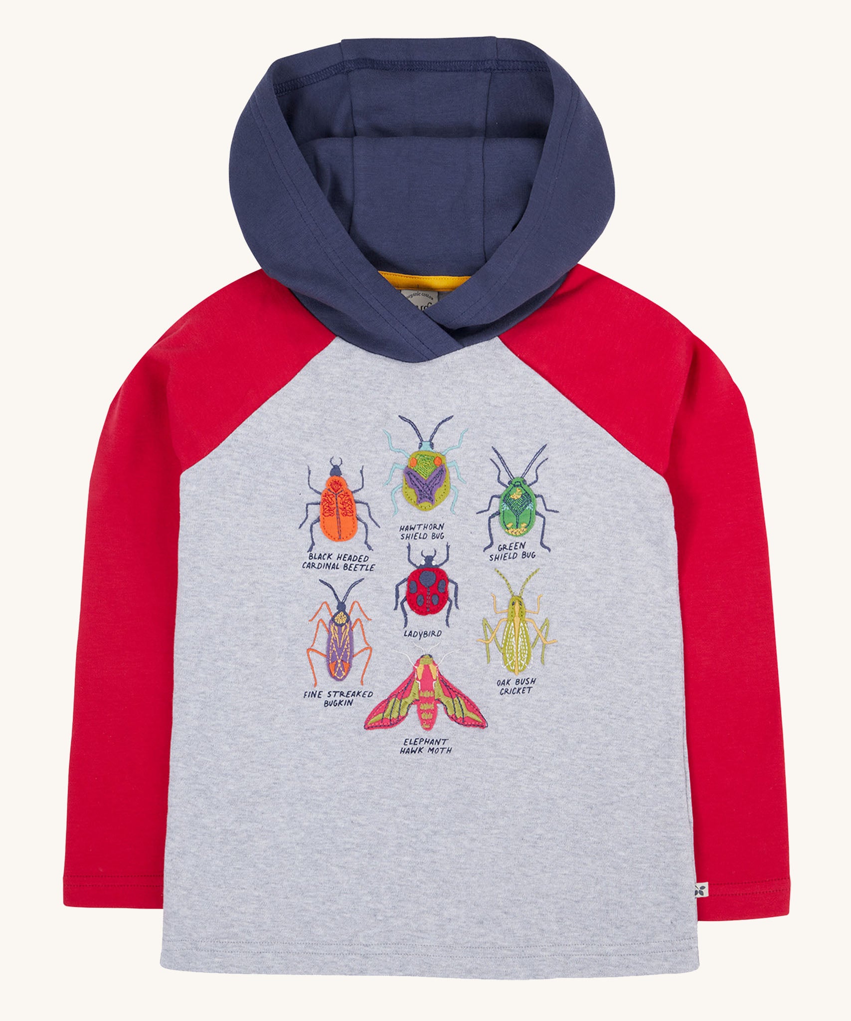 Frugi compass hooded long sleeve bug design hoodie top in a grey marl colour with red sleeves and navy coloured hood. 
