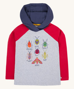 Frugi compass hooded long sleeve bug design hoodie top in a grey marl colour with red sleeves and navy coloured hood. 