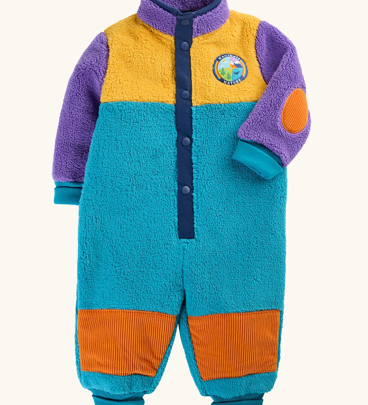 A frugi baby fleece one-piece sleeper in a color-blocked design with purple sleeves and collar, yellow upper chest, teal body, and orange patch details