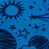 Close up of the blue monochrome space print on one side of the Frugi Gylly cord reversible children's dungaree.