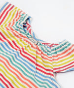 Close up of the Frugi kids cornflower rainbow stripe playsuit showing the 
stretchy neckline detail on striped organic cotton fabric.