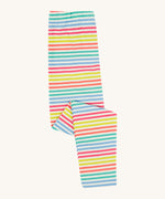 Frugi kids libby rainbow stripe leggings- GOTS organic cotton kids libby leggings folded in half which features a multi coloured stripe design. 