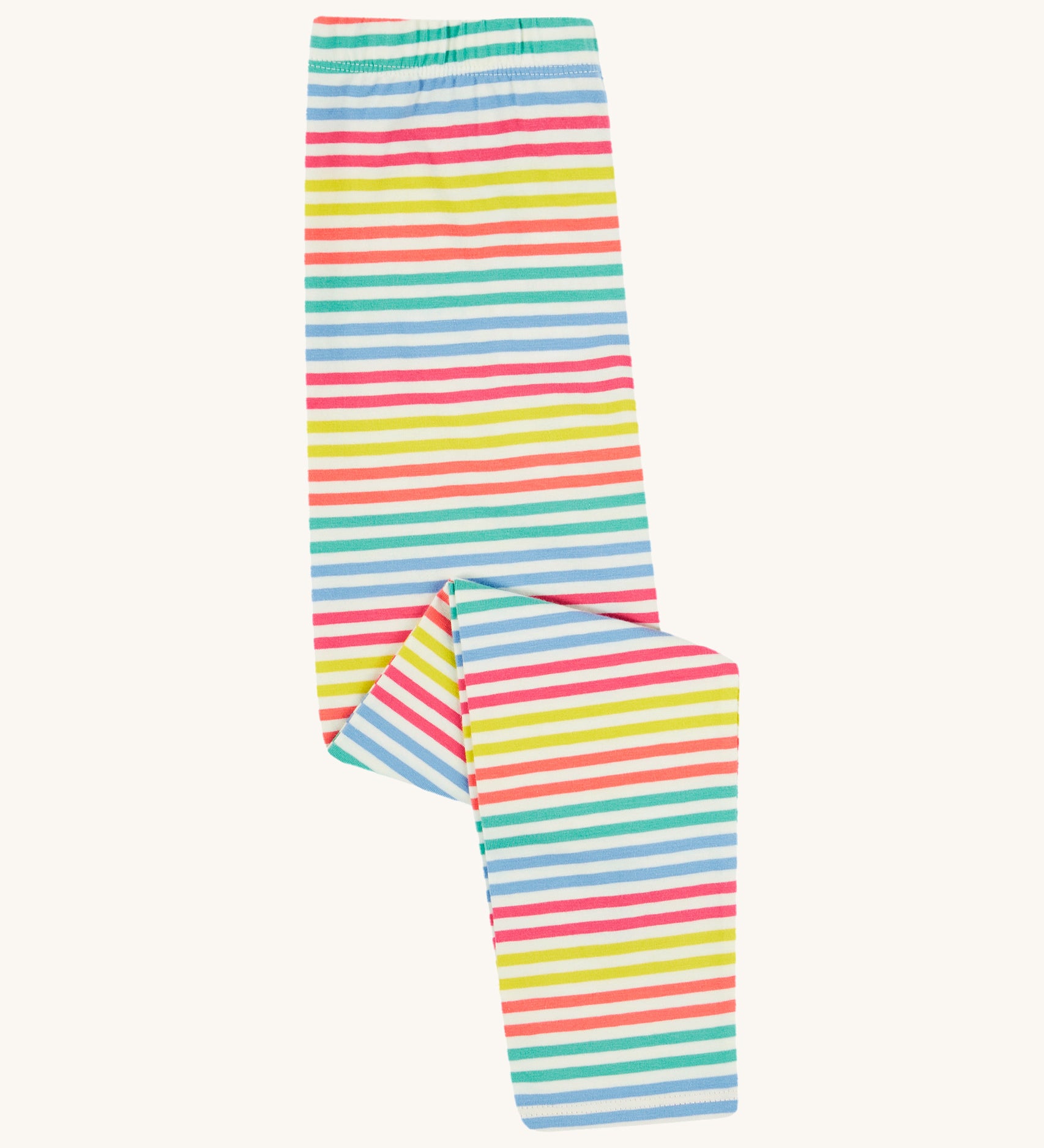Frugi kids libby rainbow stripe leggings- GOTS organic cotton kids libby leggings folded in half which features a multi coloured stripe design. 