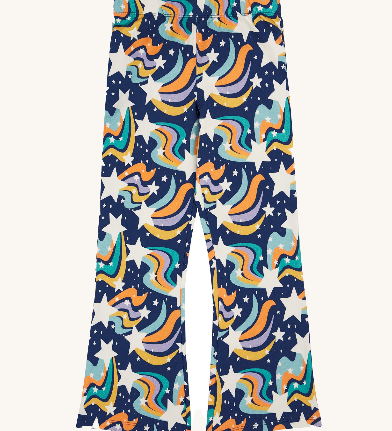 Frugi Magic Skies Organic Cotton Cosy Flared Leggings. These warm cotton leggings are lined with a Brushback Fleece surface inside. These leggings are part of a wide range of organic cotton clothing for children available here at Babipur. 

