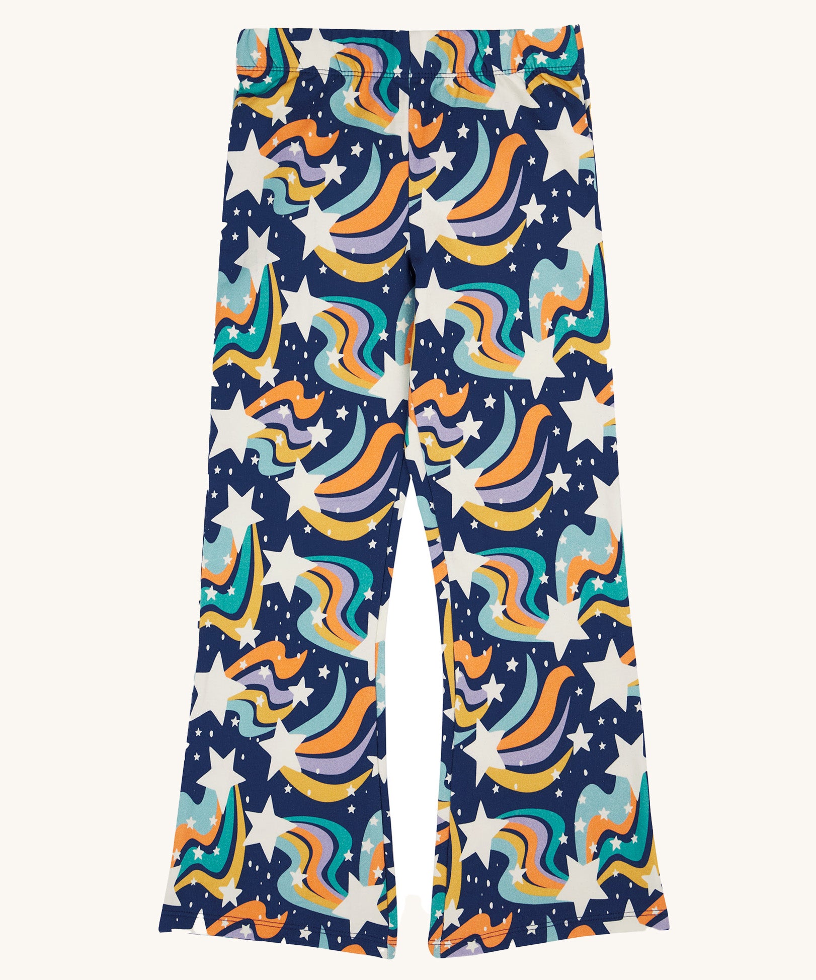 Frugi Magic Skies Organic Cotton Cosy Flared Leggings. These warm cotton leggings are lined with a Brushback Fleece surface inside. These leggings are part of a wide range of organic cotton clothing for children available here at Babipur. 
