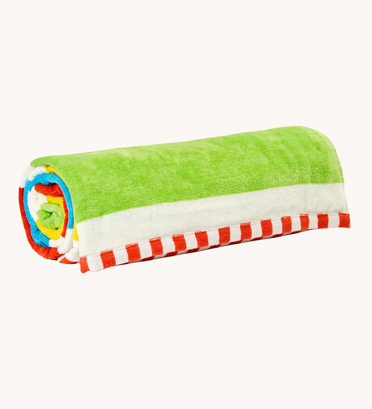 Frugi rainbow stripe organic cotton beach towel. Wide bands of colour with a red and white binding on the edges of the towel. 