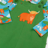 Frugi GOTS organic cotton green dungarees outfit with a cute highland cow applique on the front with adjustable shoulder straps and a light blue top underneath 