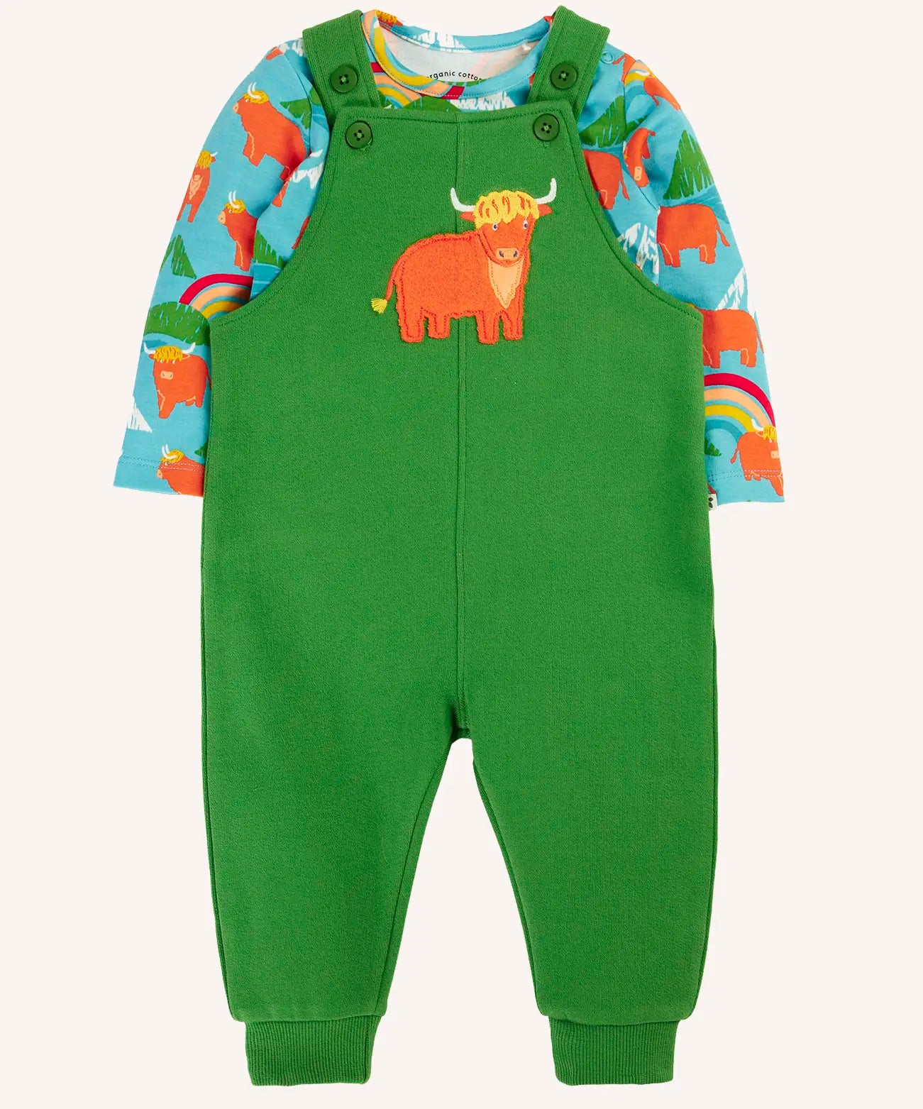 Frugi coverack palm green dungaree with highland cow applique and highland coos design long sleeved body outfit.  