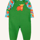 Frugi coverack palm green dungaree with highland cow applique and highland coos design long sleeved body outfit.  