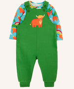 Frugi coverack palm green dungaree with highland cow applique and highland coos design long sleeved body outfit.  