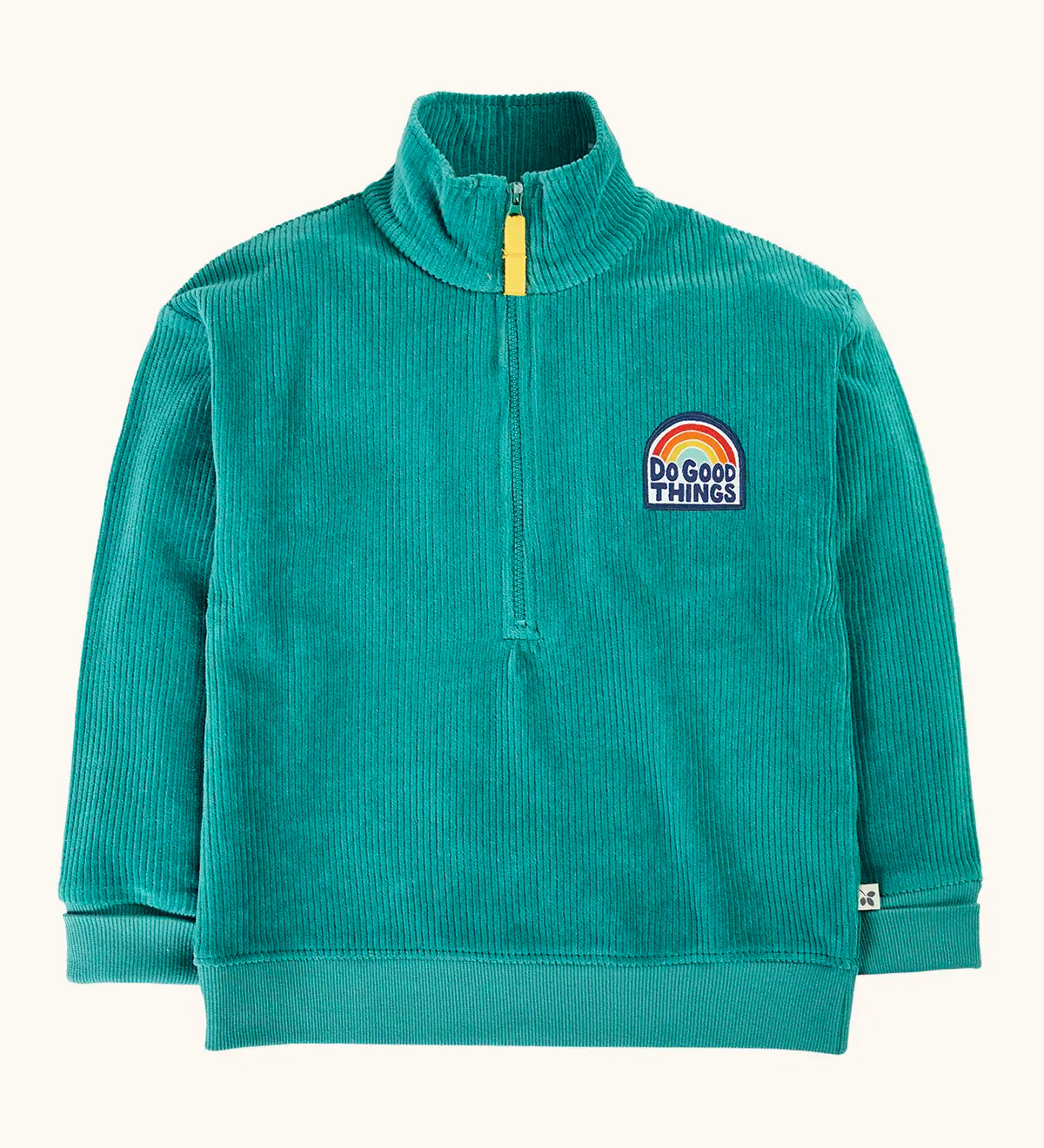 Frugi Croft organic cord half zip jumper in hut green with a do good thing rainbow badge on the chest.