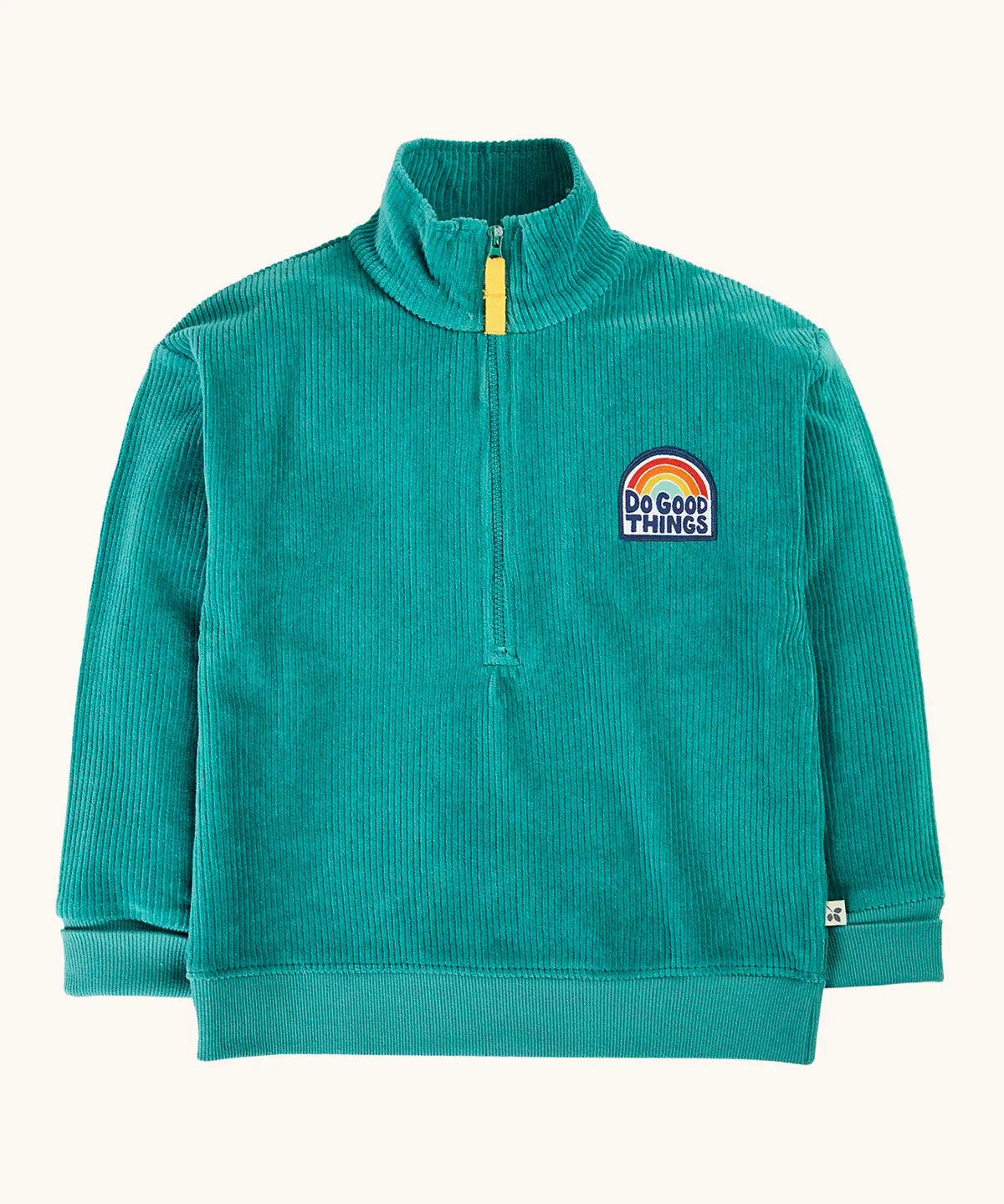 Frugi Croft organic cord half zip jumper in hut green with a do good thing rainbow badge on the chest.