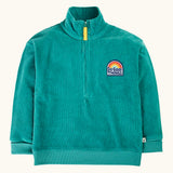 Frugi Croft organic cord half zip jumper in hut green with a do good thing rainbow badge on the chest.