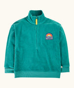 Frugi Croft organic cord half zip jumper in hut green with a do good thing rainbow badge on the chest.