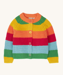 Frugi kids cuddly cardigan in bright rainbow stripe available at Babipur. A GOTS organic cotton heavy knitted cardigan with bright rainbow striped colours. Features a full length button fastener.