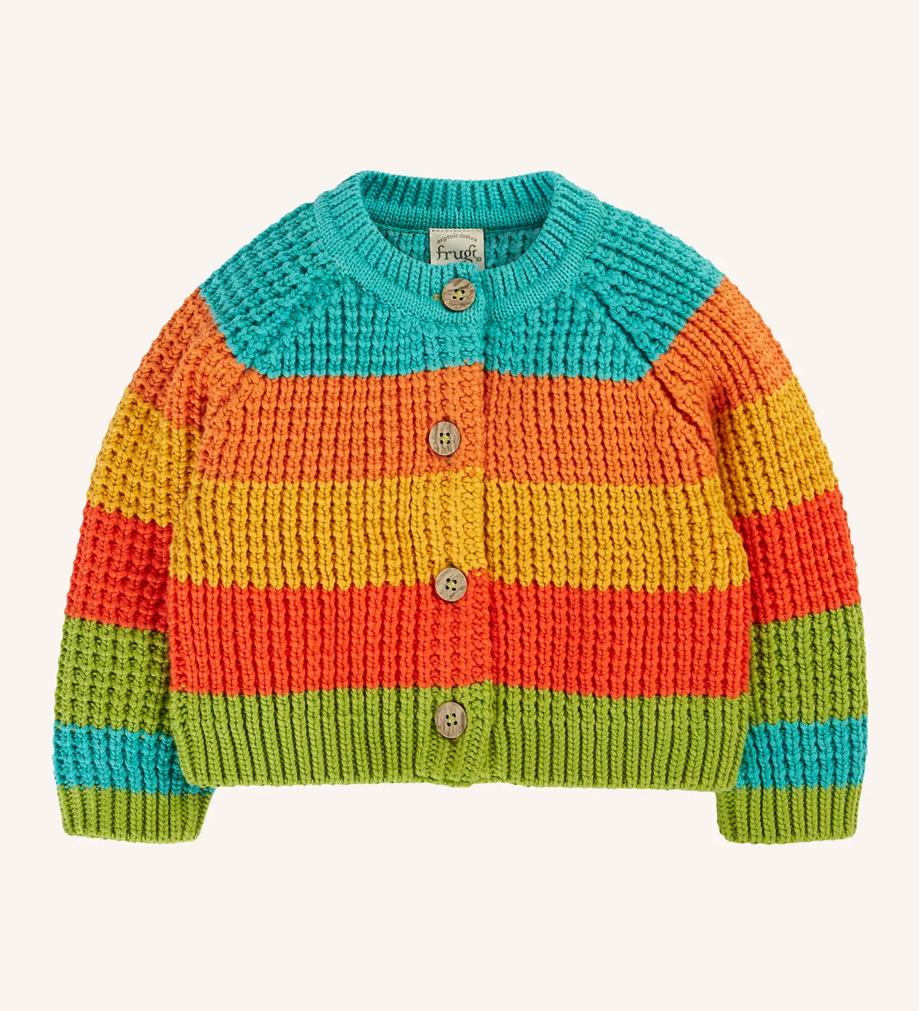Frugi cuddly knit cardigan highland  wide stripe rainbow with button up front closure. 