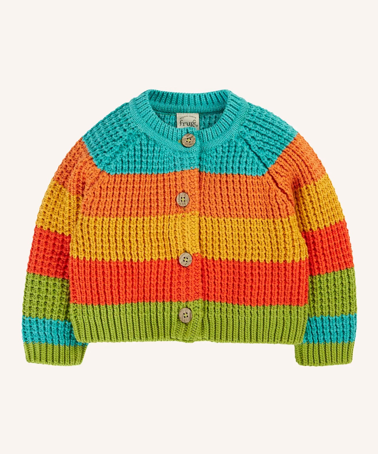 Frugi cuddly knit cardigan highland  wide stripe rainbow with button up front closure. 